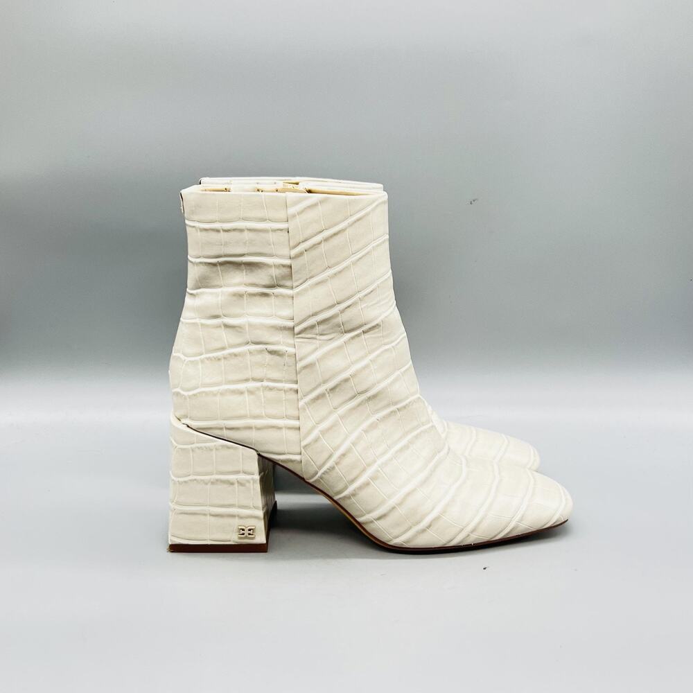 Sam Edelman Boots Womens 7.5 White Croc Embossed Leather Ankle Zip Block Heel